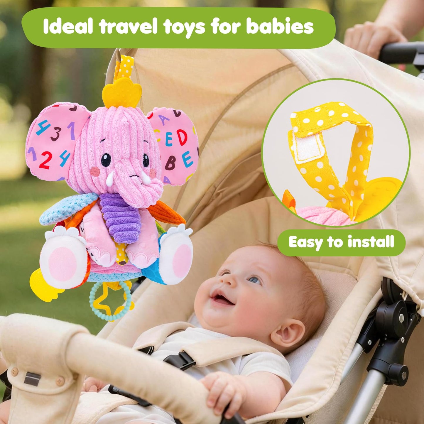 Baby Girl Toys 0-6 6-12 Months, Sensory Musical Toddler Toy for 3 4 5 6 7 8 9+ Months, Pink Elephant Plush Infant Toy with Teether, Crinkle, Rattle Baby Mirror for Tummy Time Newborn