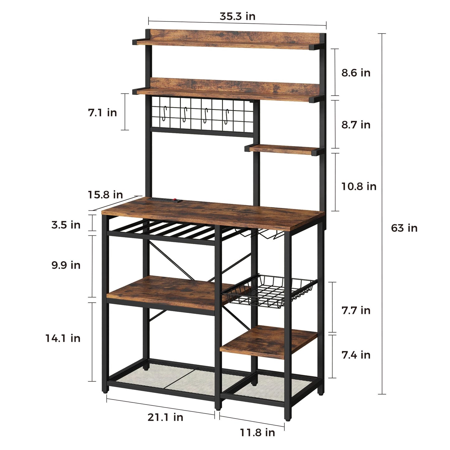 IRONCK Bakers Rack with Power Outlet, 7-Tier Coffee Bar Microwave Stand, Solve Kitchen Clutter with Wine Rack, Wire Basket and Hooks, Rustic Brown