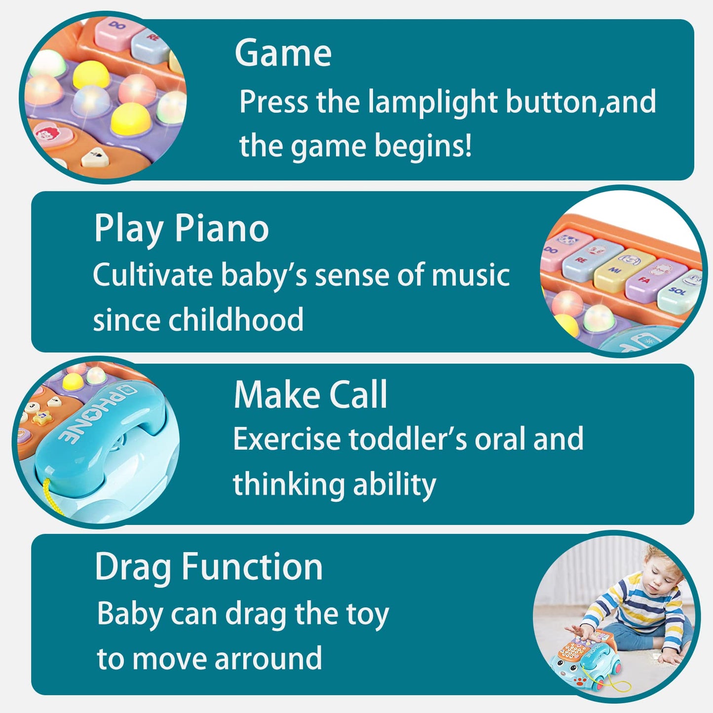 Baby Toy Phone Cartoon Baby Piano Music Light Toy Children Pretend PhoneToy Gift Game Boy Girl Early Education Gift Blue (18 M+)