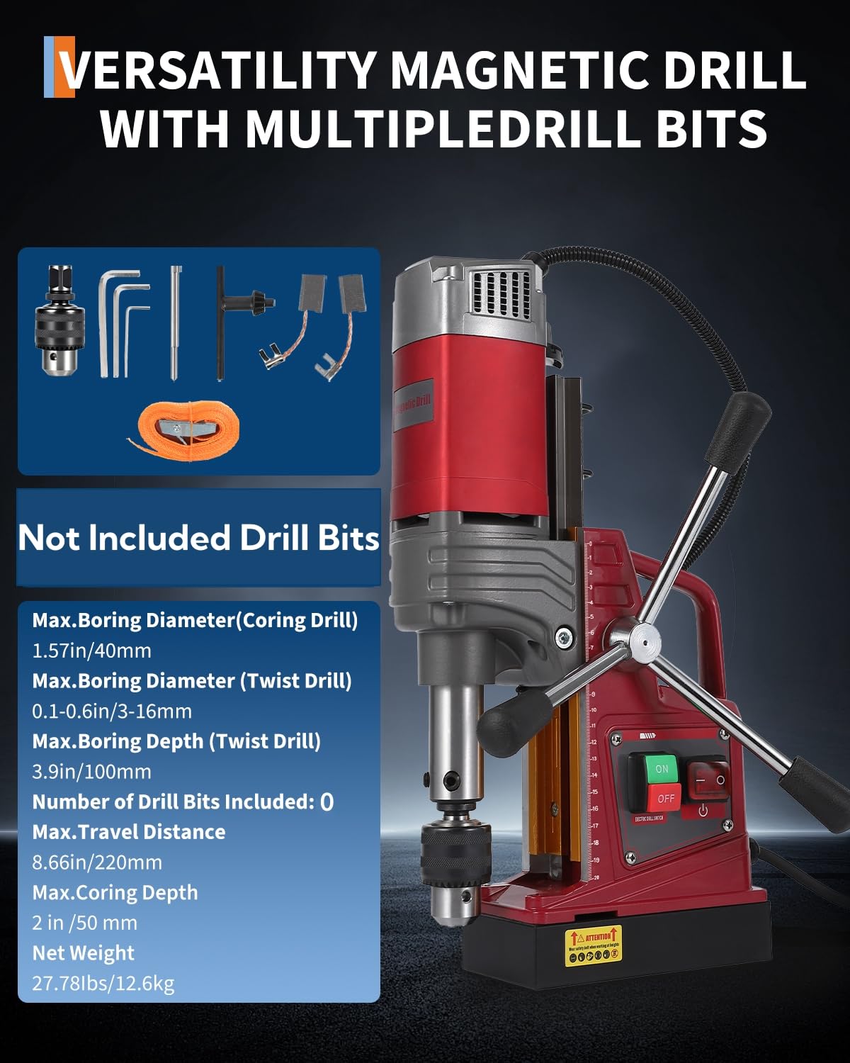 Portable Magnetic Drill Press with Adapter, 1.57" Boring Diameter, 1450W, 820RPM, 13000N, Double Dovetail Guide Electric Mag Drill Kits for Drilling in Metal, Steel, Iron