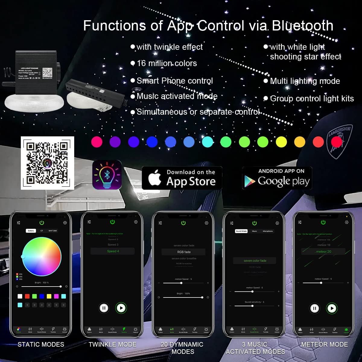 AKEPO 16W RGBW APP Small Size Twinkle Meteor Fiber Optic Lights, Music Activated 650pcs 0.03in 13.1ft/4m Optical Fiber Star Ceiling Light Kit for Car Headliner Star/Home