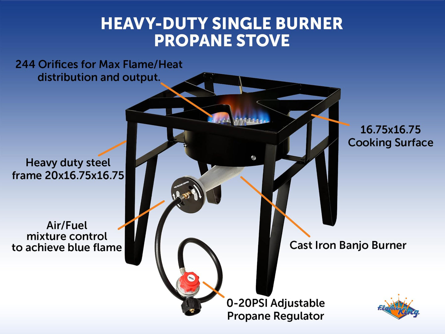 Flame King Heavy Duty 200K BTU, 0-20 PSI, Propane Gas Single Burner Bayou Cooker Outdoor Stove for Home Brewing, Turkey Fry, Maple Syrup Prep, Cajun Cooking, Black