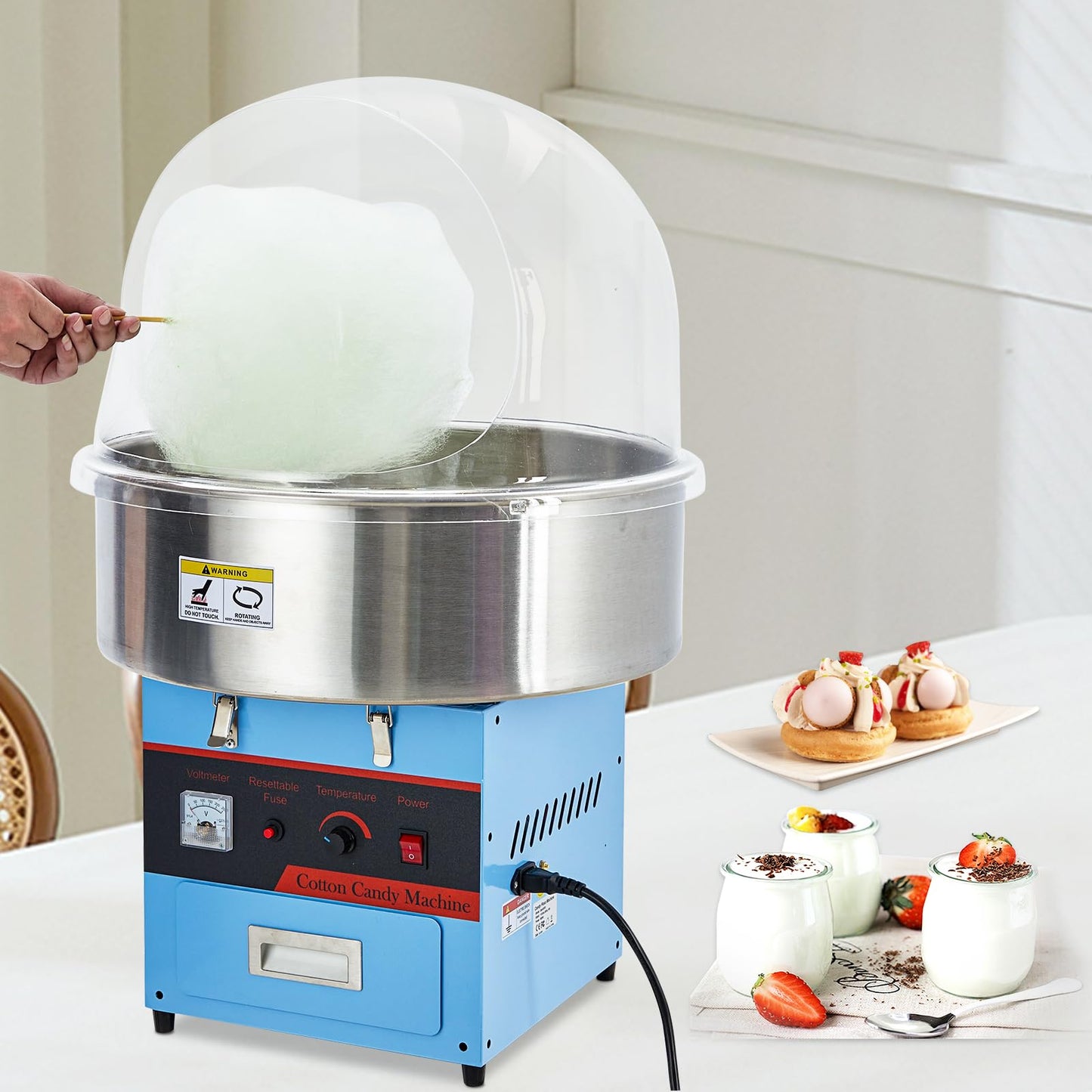 MilleLoom Electric Cotton Candy Machine with Cover - 1000W Commercial Floss Maker, Stainless Steel Bowl, Sugar Scoop, Drawer, Ideal for Home, Carnival, Kids Birthday, Family Party(Blue)