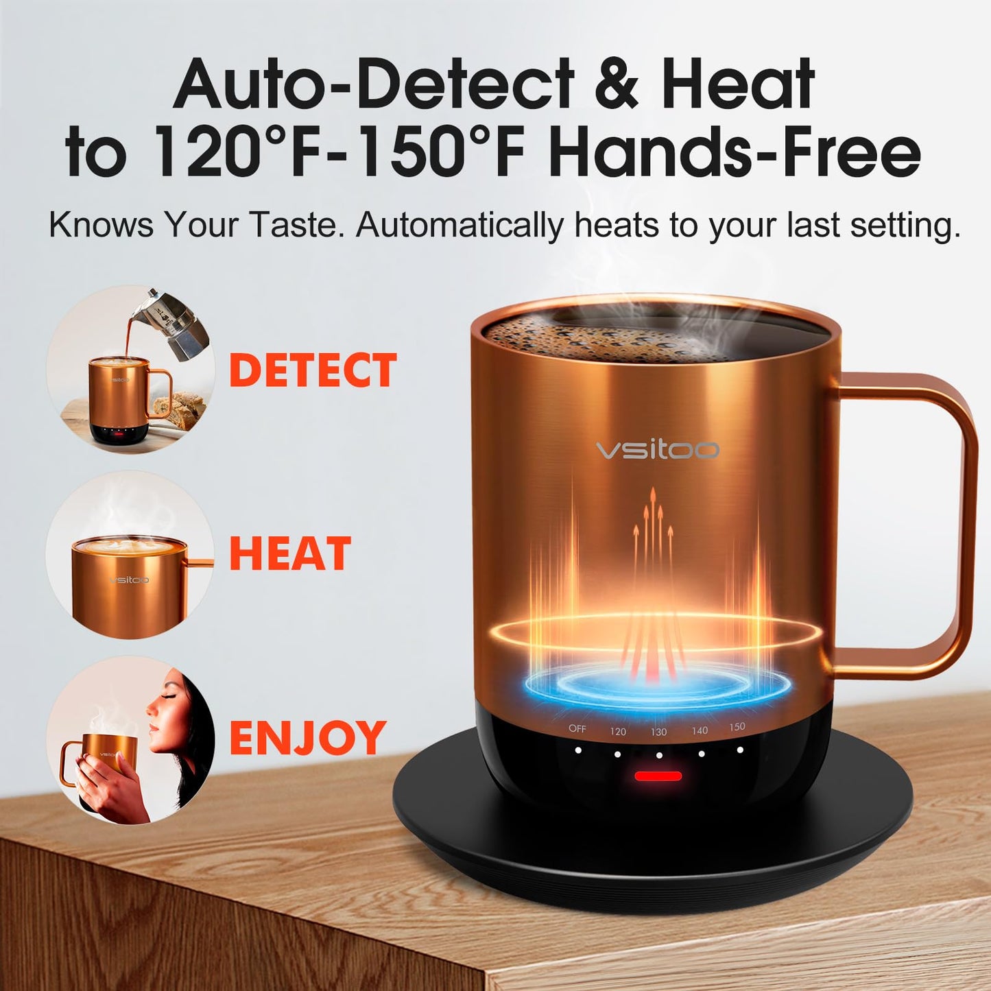 Vsitoo S3 Pro 14oz Smart Self Heating Coffee Mug,Heated Coffee Mug with Auto-Sensing AI Heats Drinks to 120-150°F Hands-Free.Perfect for Home/Office,Ideal Gift fo Men/Women,Copper