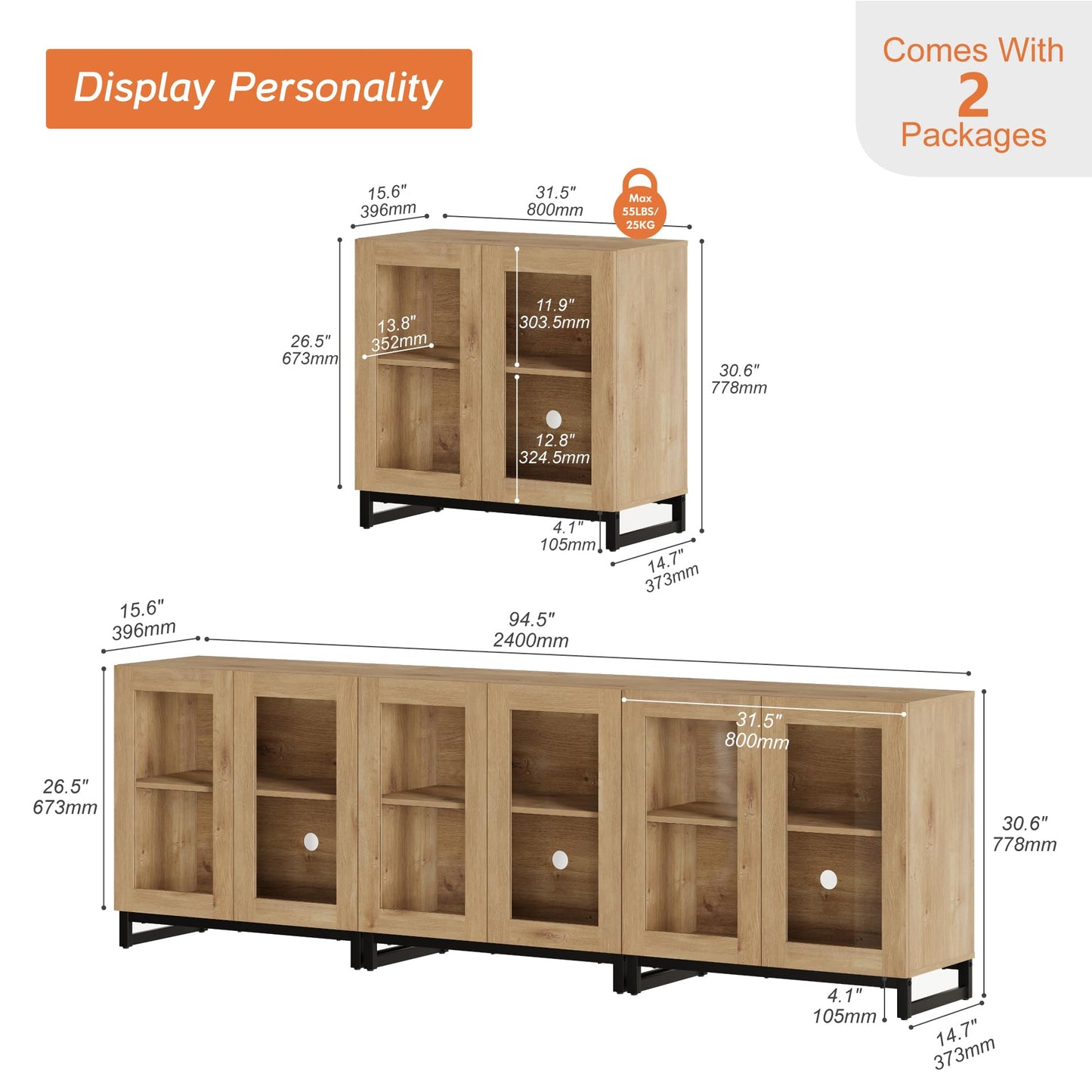 WAMPAT Modern TV Stand with Glass Doors for 110 inch TVs, 3 in 1 Entertainment Center Console with Adjustable Shelves and Metal Base for Living Room, Bedroom, Oak