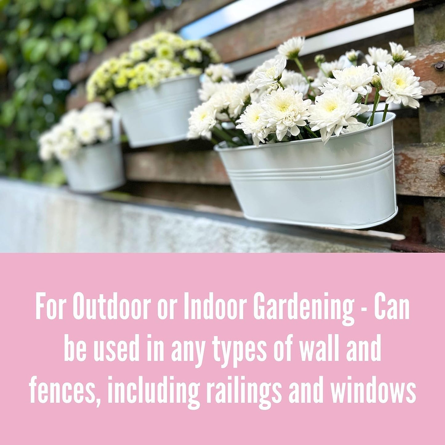 Maxona Metal Iron Hanging Flower Pots, 10 Pack, 11.8 Inch Oval White Railing Fence Hanging Bucket Pots Countryside Style Window Flower Plant Holder with Detachable Hooks Home Décor