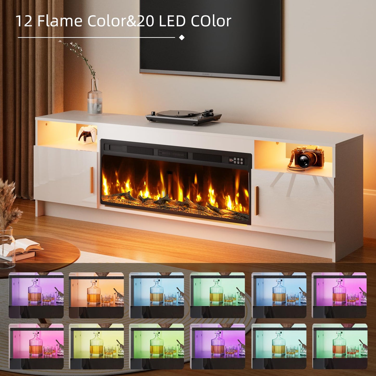Kucreiheat Fireplace tv Stand with 36 inch Fireplace Up to 80" TV, LED Light Entertainment Center and Storage, 70" Modern Wood Media TV Console with Highlight Cabinet for Living Room, White