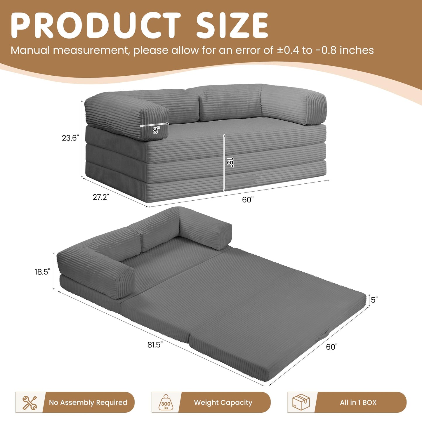 NLDD Convertible Sofa Bed,5-in-1 Tri-Fold Boneless Couch with Removable Armrests & Handle,Corduroy Futon Sleeper Sofa,Floor Folding Mattress Pull Out Bed for Small Space Apartment Living Room Bedroom
