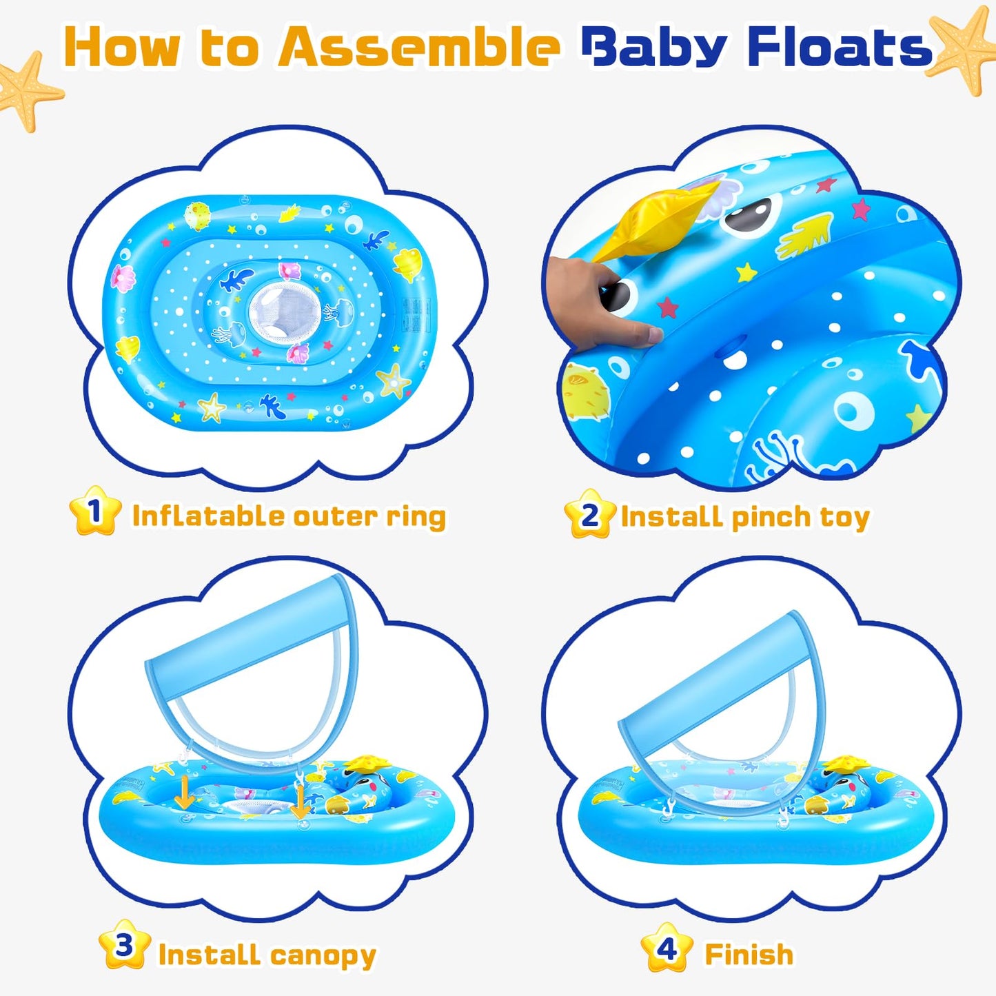 Baby Pool Float with Canopy UPF50+ Sun Protection, WJWJA Inflatable Kids Pool Floats with Adjustable Safety Seat Infant Swimming Float for Baby 6-36 Months Boys and Girls