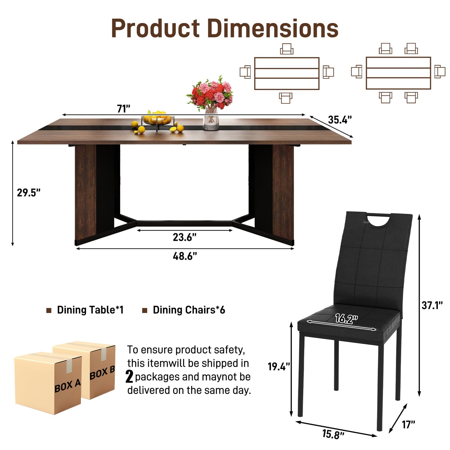 7-Piece Dining Table Set for 4 6 People, 71" Large Long Wooden Kitchen Table with 6 Cushion Chairs W/Waterproof Tabletop, Farmhouse Rectangular Dinner Table for Dining Room,Kitchen,Easy Clean