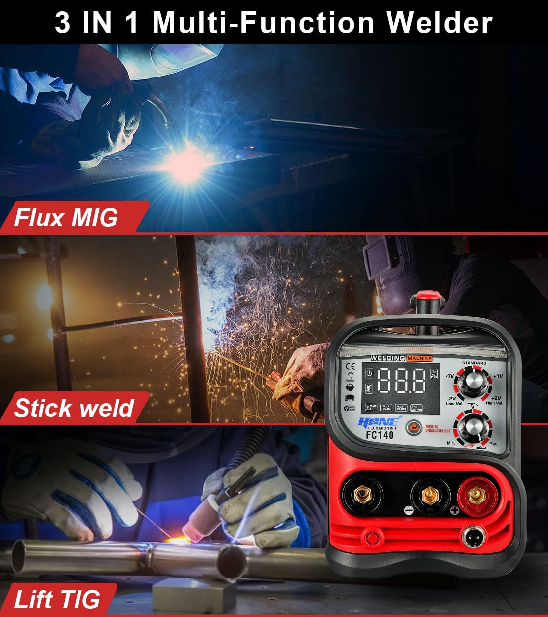HONE Flux Core Welder, Actual 140Amp MIG Welder 110V, 3 in 1 Synergic Gasless Wire Welder/Stick Welder/Lift TIG Welding Machine, IGBT Inverter with Large LED Display and 2lb Welding Wire.