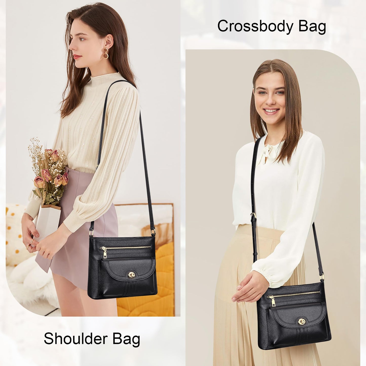 Over Earth Genuine Leather Crossbody Bags for Women Trendy Purses and Ladies Shoulder Handbags(O202E-2G Black)