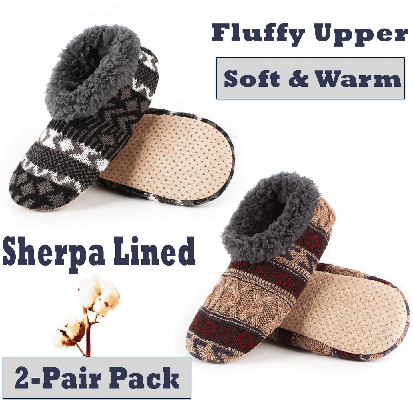 Cozylook 2-Pack Men's Knit House Slippers Soft Soles, Cozy Fuzzy Socks with Non-Slip Grippers, Warm Indoor Shoes, Unique Gifts for Christmas, Size 12-13