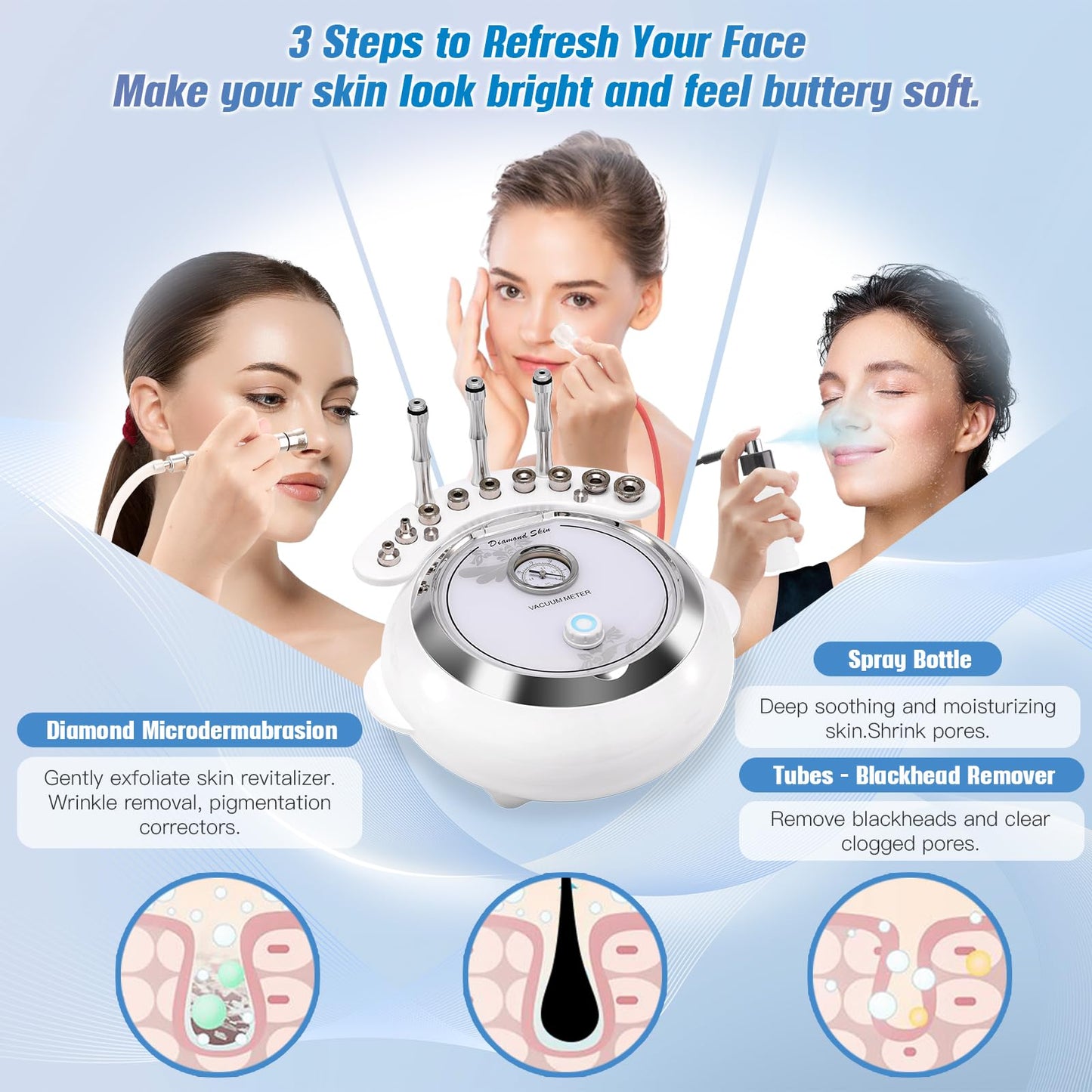 Diamond Microdermabrasion Machine, TopDirect 3 IN 1 Professional Dermabrasion Skincare Device for Adjustable Suction Facial Treatment (Suction Power: 0-68cmHg)