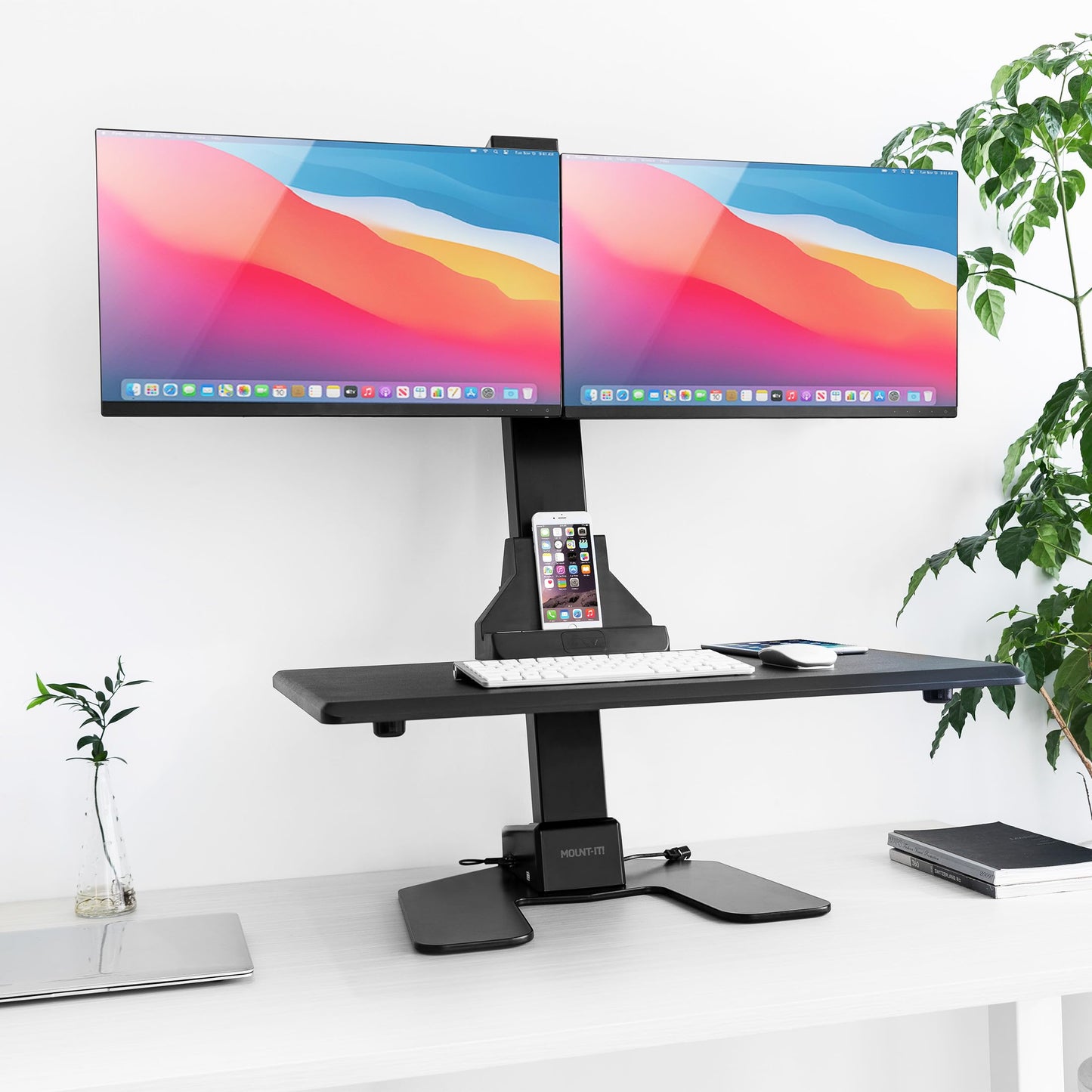 Mount-It! Double Monitor Electric Standing Desk Converter - 2 Screens Stand Up Desk Riser - Height Adjustable Desktop & 2 Mounts for Screens up to 32", Sit-Stand Convertor for Home, Office, School