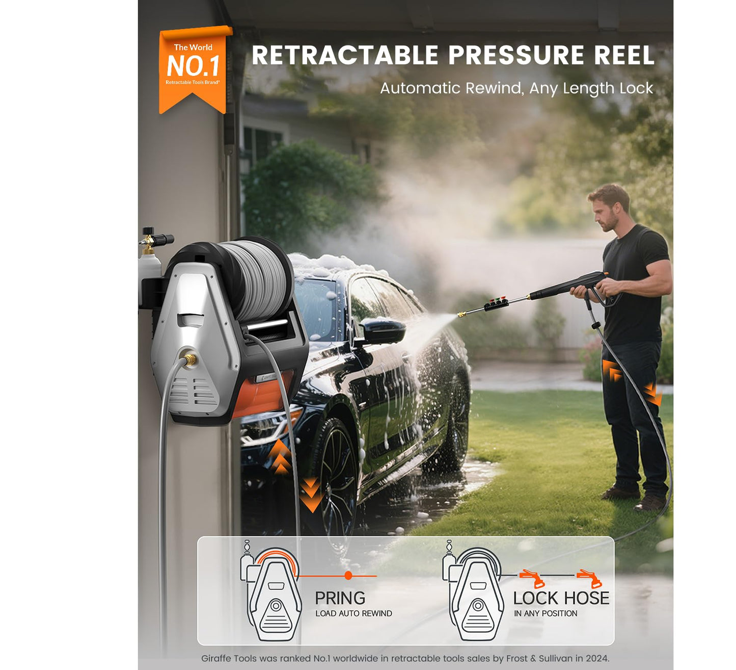 Giraffe Tools Grandfalls Retractable Wall Mounted Pressure Washer Pro, 3700 PSI, 1.6 GPM Electric Power Washer, Automatic Rewind, 100ft Pressure Hoses, 5 Nozzles for Cars/Fences/Patios, Light Silver