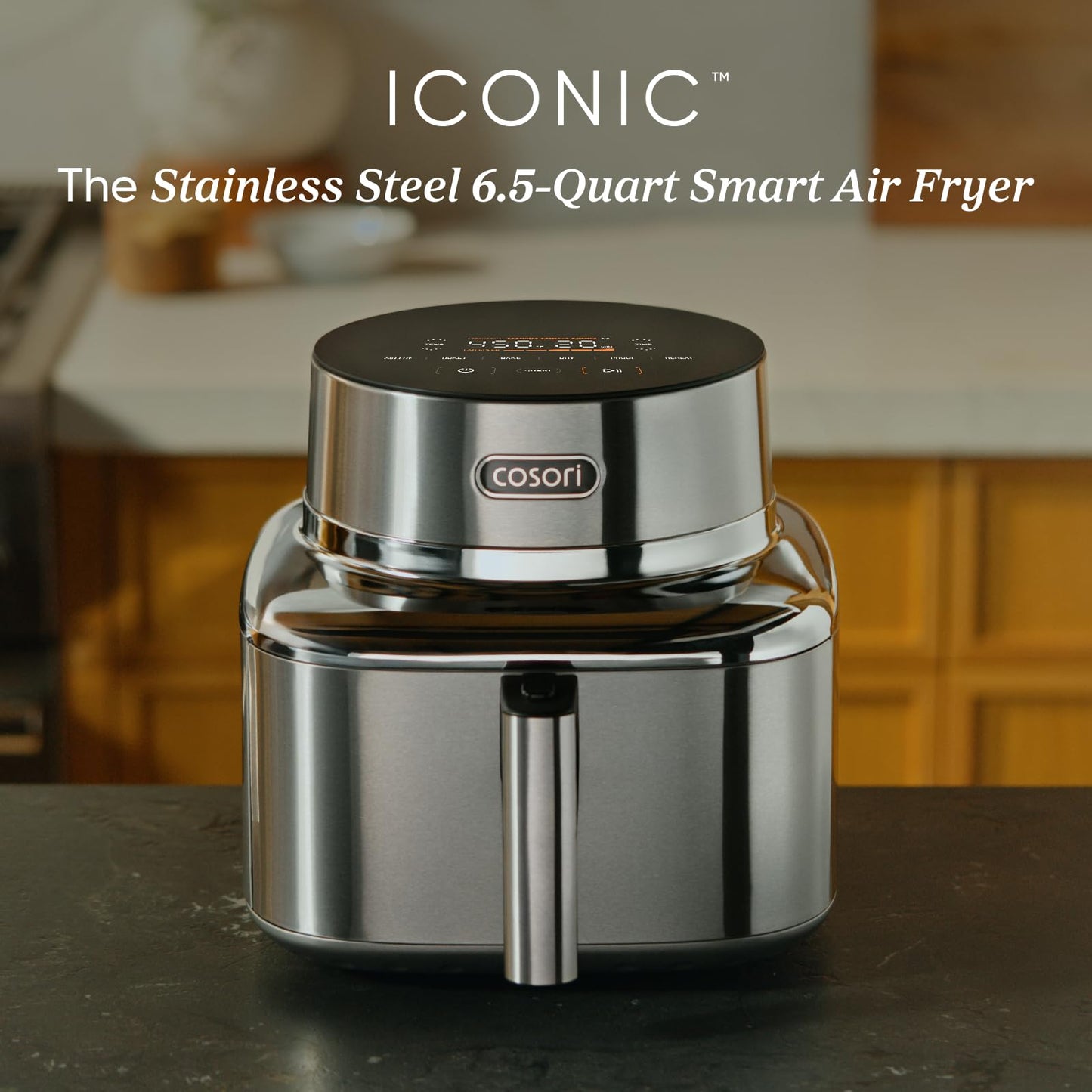 Cosori Iconic Stainless Steel 6.5 Qt Smart Air Fryer, PFAS-Free Ceramic Coating, Max 450ยฐF, Consistent Cooking, Air Fry, Roast, Bake, Dry, Proof, Reheat, Dishwasher-Safe Basket, Chef-Crafted Recipes
