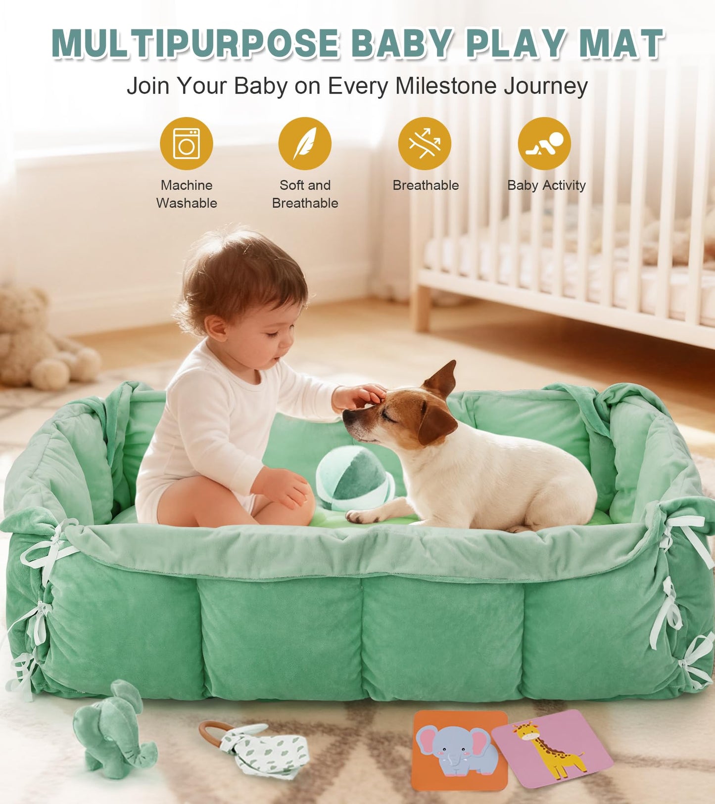 5-in-1 Baby Play Gym and Tummy Time Mat, 12 Learning Cards, Plush Activity Mat with 6 Toys, Baby Gym, Convertible to Ball Pit, Baby Gift, Sage Green