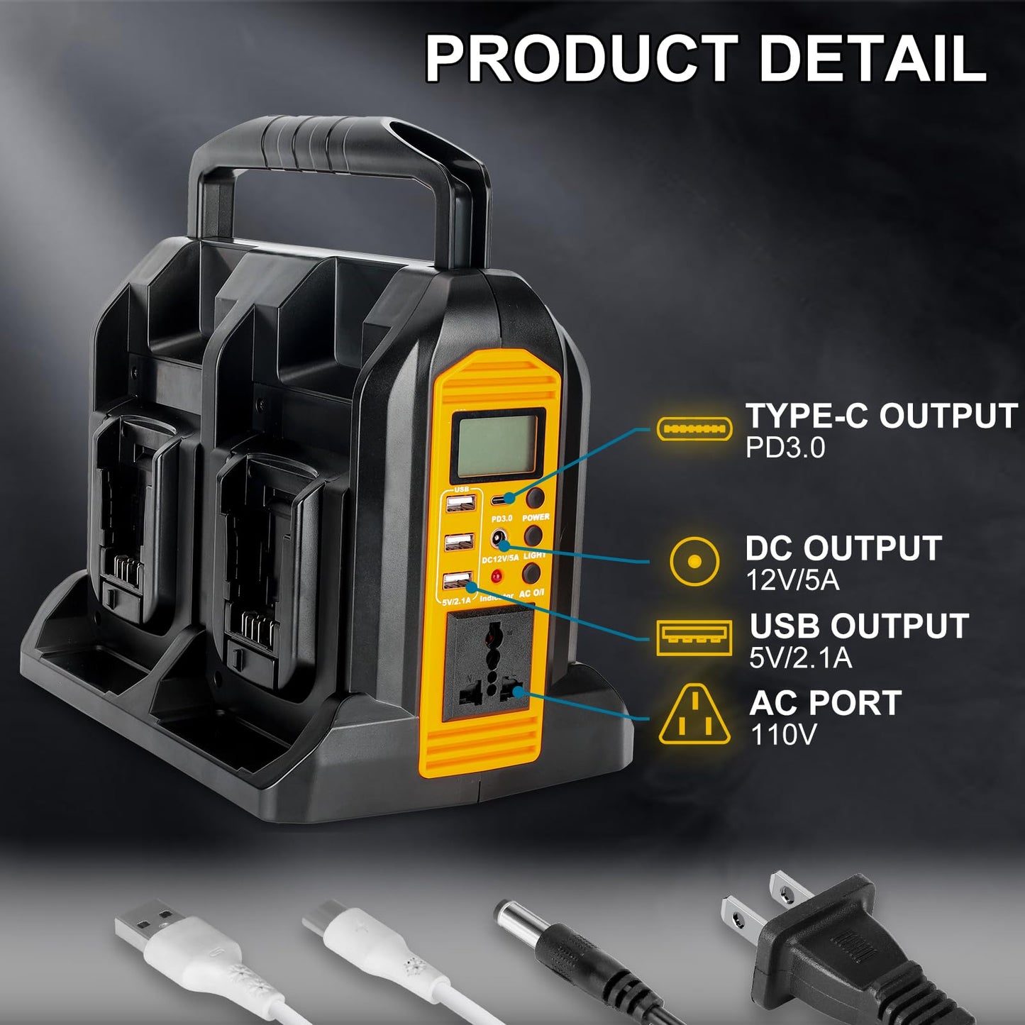 350W Power Inverter for Dewalt 20V 60V Li-ion Battery, 4-Port 20V to 120V Pure Sine Wave Inverter with LED Light, 3 USB-A Port, 1 USB-C Port, 1 DC Port, Power Station for Outdoor Camping (Tool Only)