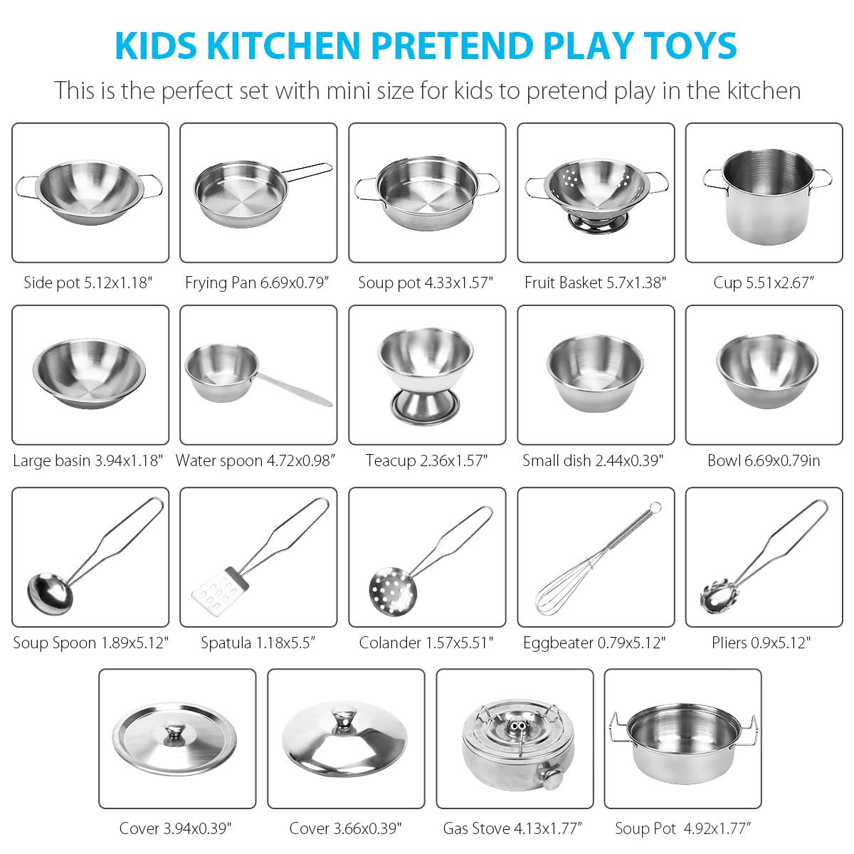 TekkPerry Kids Kitchen Pretend Play Toys, Cooking Toys Play Pots and Pans Set for Kids, 21pcs Small Stainless Steel Kitchen Cookware Kits Toys, Cookware Playset for Girls, Boys