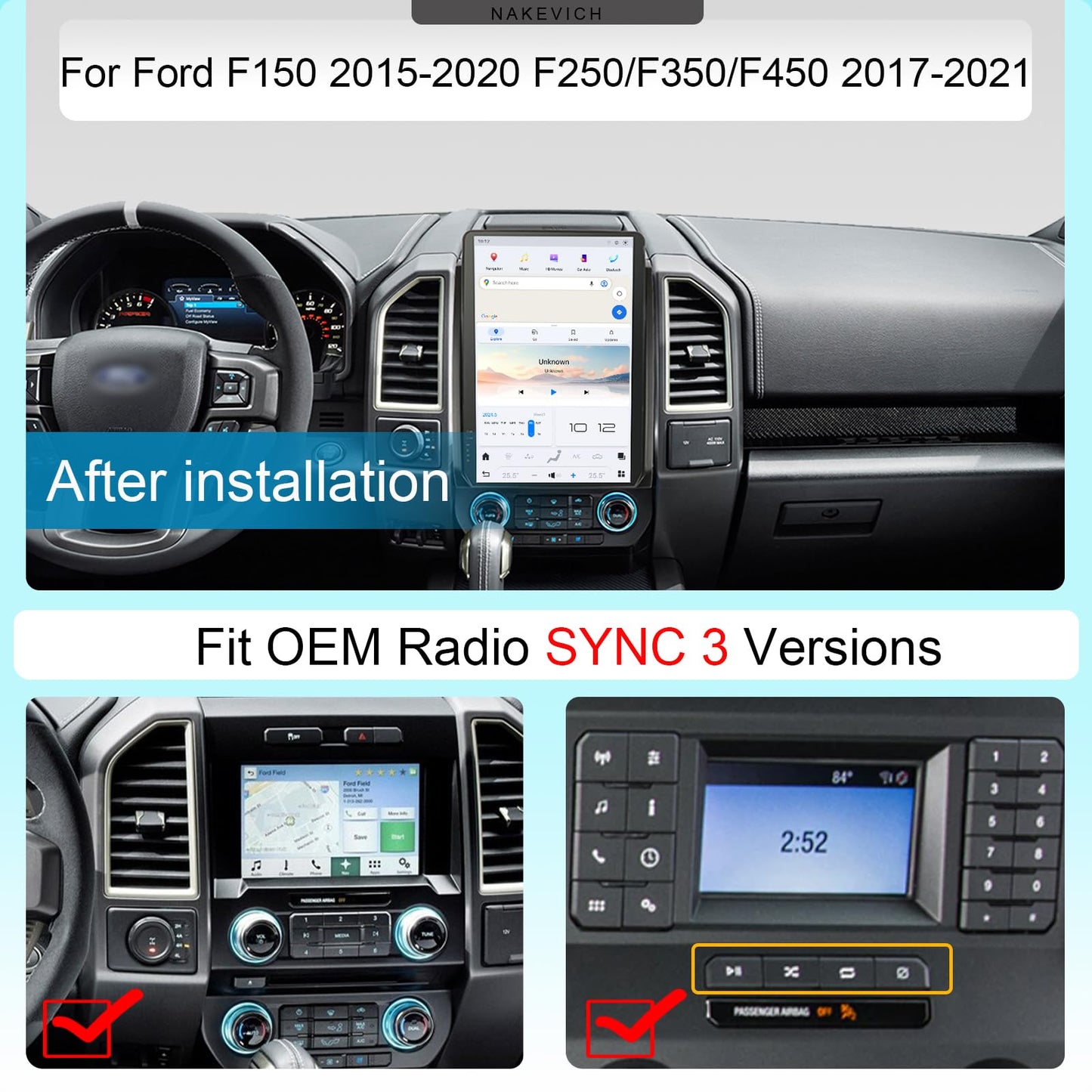 NAKEVICH 14.4 Inch Qualcomm Android 13 Car Radio for for Ford F150 2015-2021 F250 F350 F450 2017-2021 Stereo Upgrade Tesla Style Head Unit Multimedia Player IPS Touch Screen GPS Navigation (SYNC 3