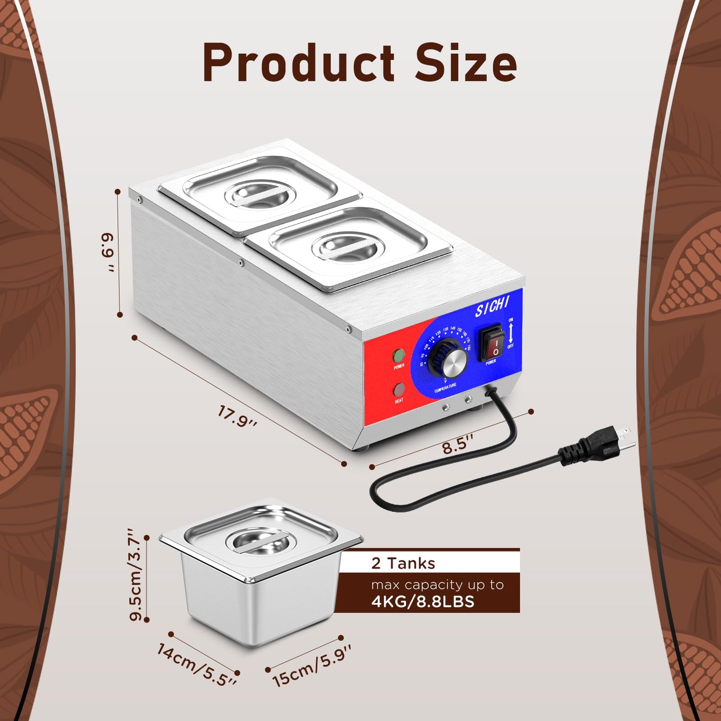 HTTSICHI Chocolate Tempering Machine - Commercial Chocolate Melting Machine w/ 7.5L Capacity, 1200W Professional Heated Chocolate Melter w/Stainless Steel Body, 110V,2 Tanks
