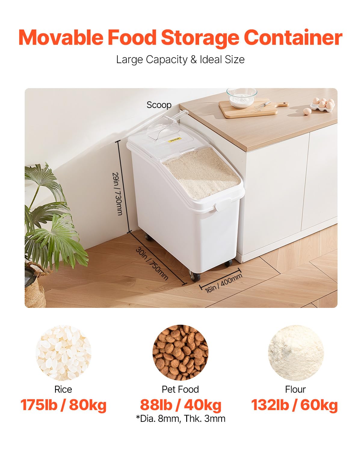 Mophorn 27 Gallon Food Storage Containers 500 Cup Ingredient Bin with Scoop and Sliding Lid Commercial Food Container Ideal for Rice storage, Dog Food Container, Flour and Sugar Containers, White