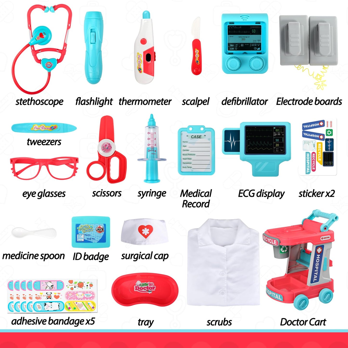 Liberry Doctor Kit for Toddlers Ages 2 3 4 5, Pretend Kids Doctor Playset with Cart, Costume and Stethoscope, Role Play Medical Toys Birthday Gift for Girls Boys (Red)