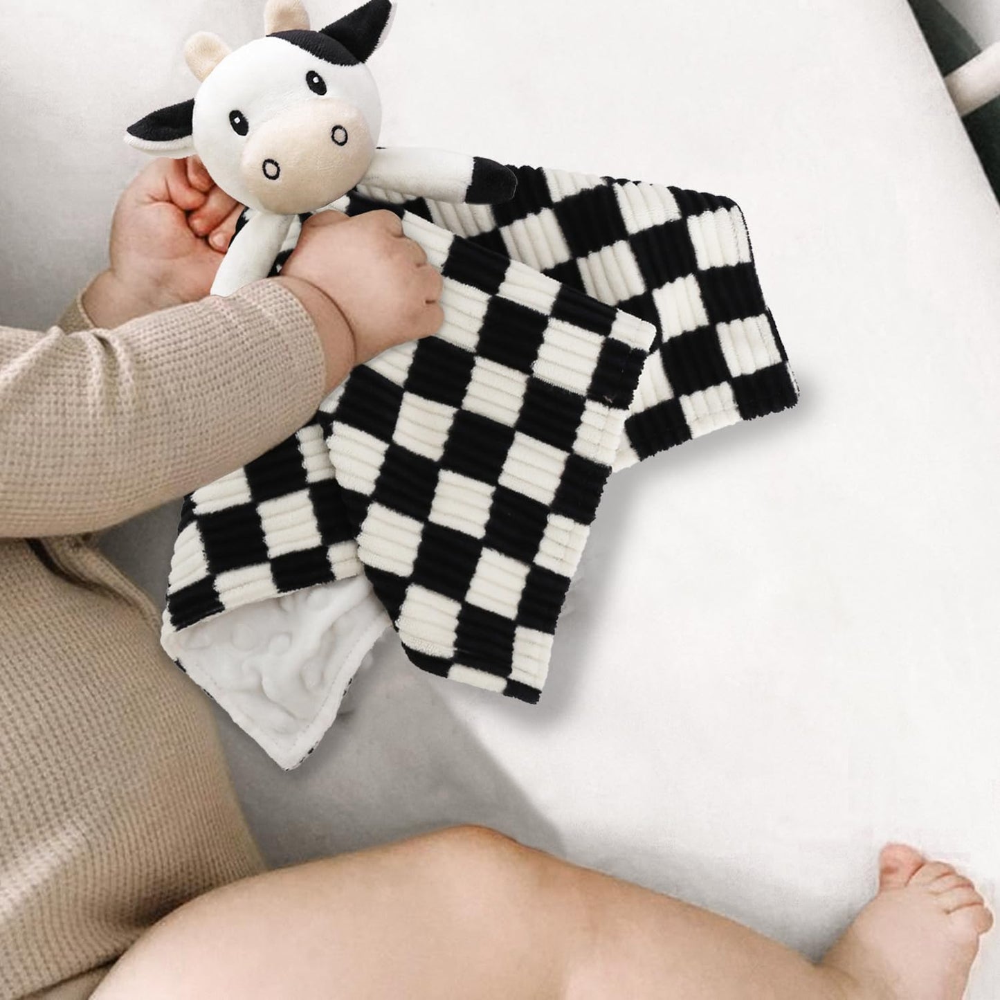 BEILIMU Cow High Contrast Baby Security Blanket for Babies, Soft 3D Checkerboard Lovey with Minky Dot Fabric Backing, Newborn Boys and Girls Snuggle Stuffed Animal Blankie 14 Inch