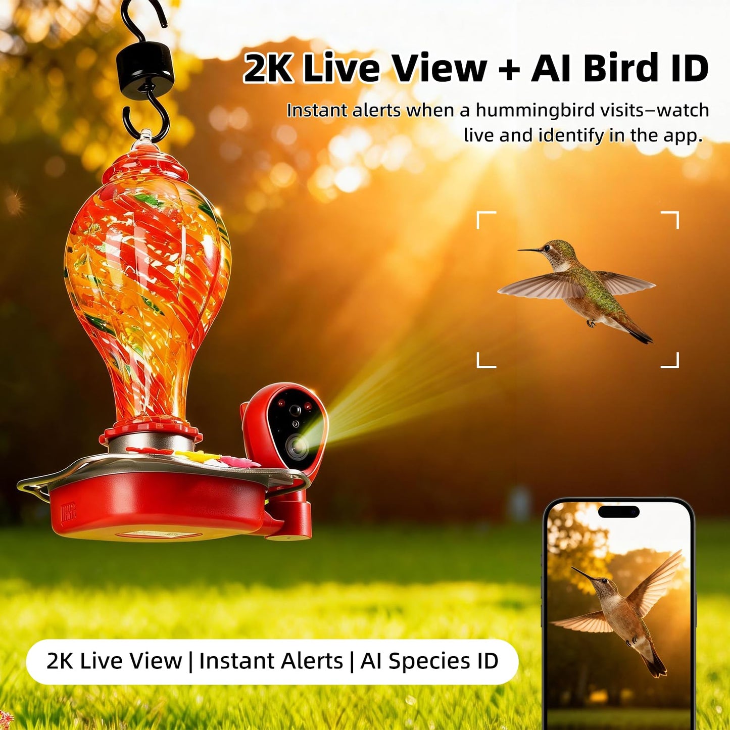 Smart Hummingbird Feeder with Camera, Solar Powered 2K HD Live View Glass Station, AI Bird ID & Motion Alerts, Auto Nectar Monitor, Leakproof Water Moat, Outdoors Hanging Gift (2.4GHz Wi-Fi Only)