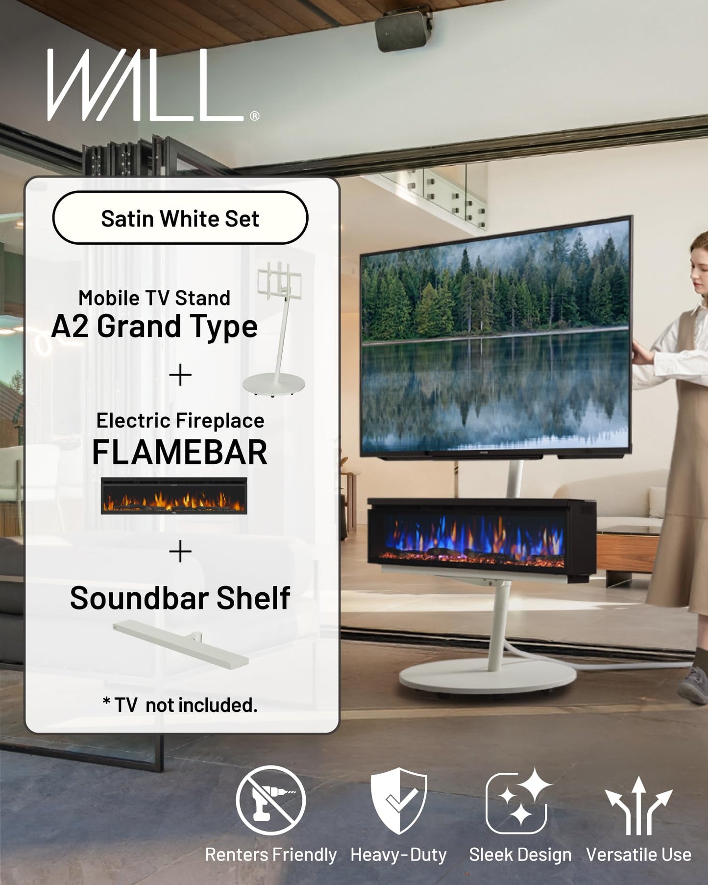 WALL SEVEN STAND A2 Grand Mobile TV Stand with FLAMEBAR Electric Fireplace & Shelf | Fits 45–80" TVs | Satin White | 1500 Flame Color Combinations | WiFi Enabled, 750/1500W Heater, Space-Saving Design