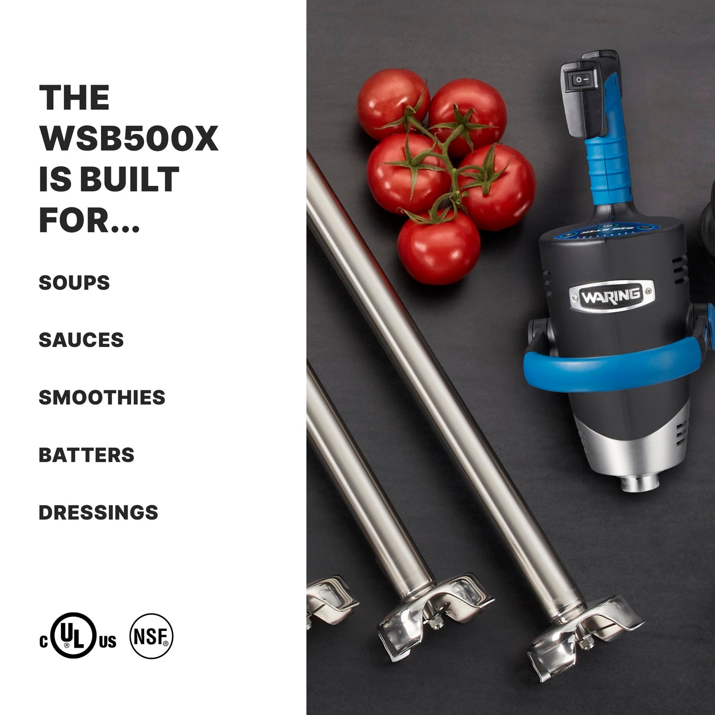 Waring EVOX 12" Big Stik Immersion Blender, 1.5 HP Variable Speed, 10-Gallon Capacity, for Sauces, Dressings, Marinades & Soups, WSB500X