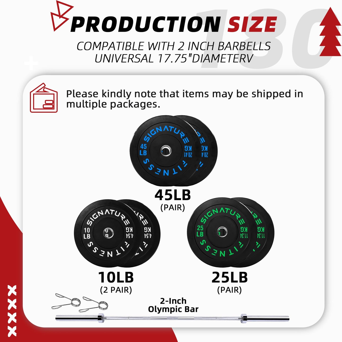 Fitvids 2-Inch Olympic Bumper Weight Plates Including 180 LB Weight Plates & 7FT Olympic Barbell Bar, Colored