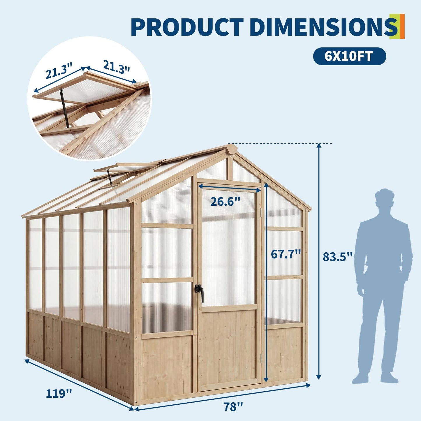 Large Wood Frame Greenhouse for Outdoor - Wooden Walk-in Greenhouse Kit with Polycarbonate Panels, Ventilated Window & Lockable Door for Garden, Backyard, Patio, Lawn, Plant House