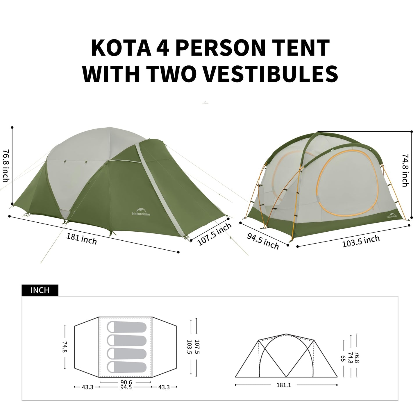 Naturehike KOTA 4-6 Person Camping Tent, Double Layer Waterproof 4 Person 6 Person Tents for Camping, Large and Tall Family Tent with Vestibules