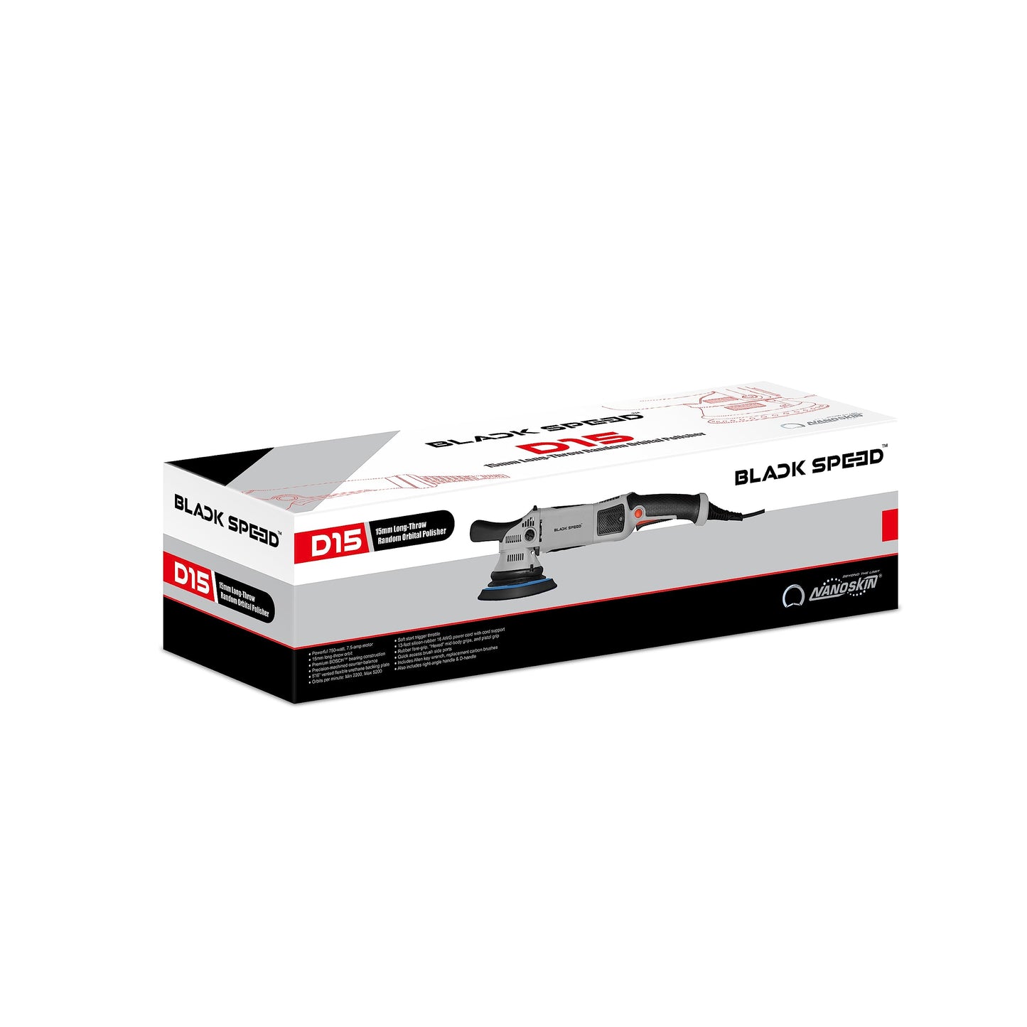Nanoskin Black Speed 15mm Long-Throw Random Orbital Polisher - 750W, 7.5-Amp Motor, BOSCH™ Bearing Construction, Vented Flexible Backing Plate | For Automotive Paint, Glass, Metal Surfaces Detailing
