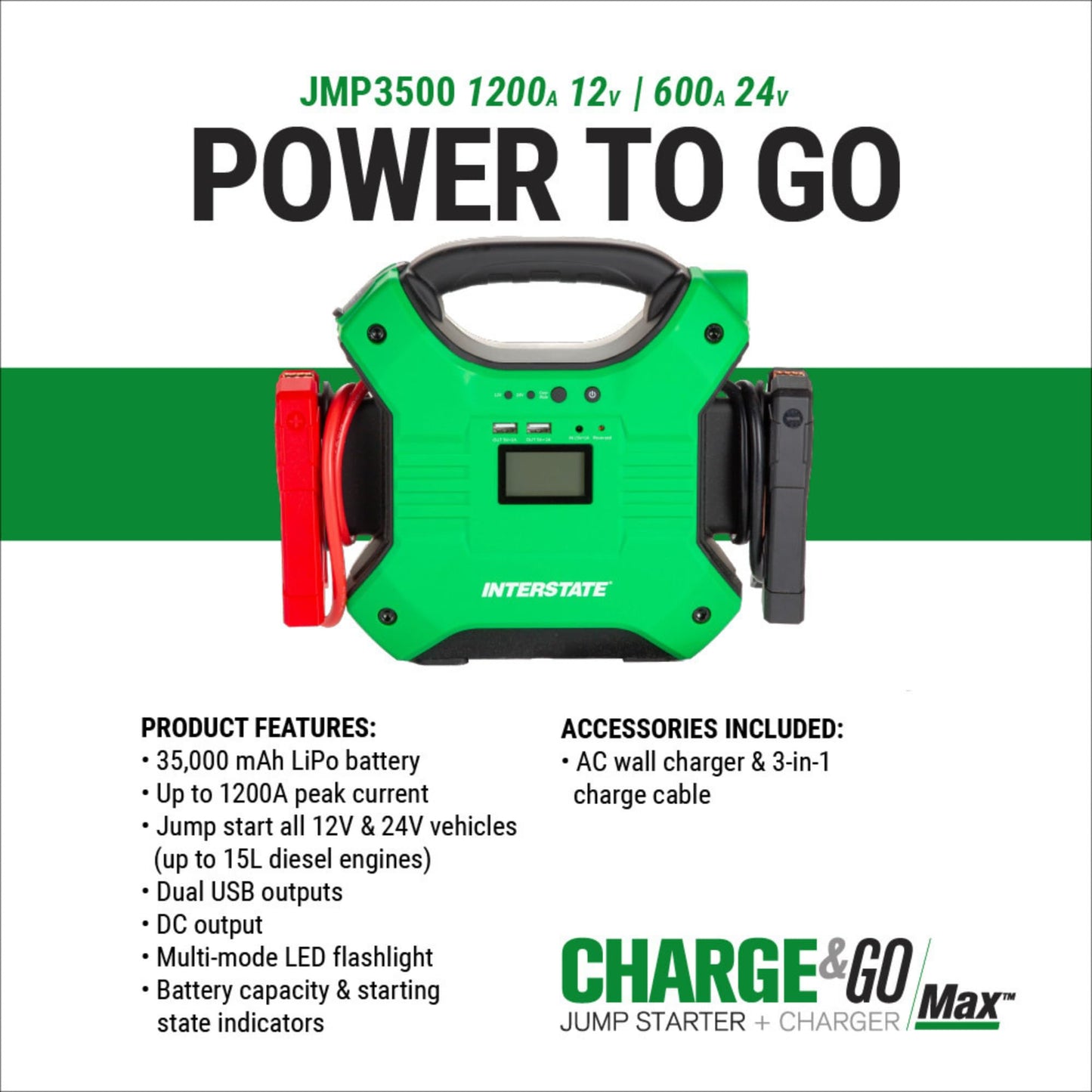 Interstate Batteries 24V, 12V Jump Starter and Charger 1200A, 600A (35,000mAH, 35Ah) Portable LED LiFePo4 Jumpstart Battery Power Pack for Automotives, USB Electronics (JMP3500)
