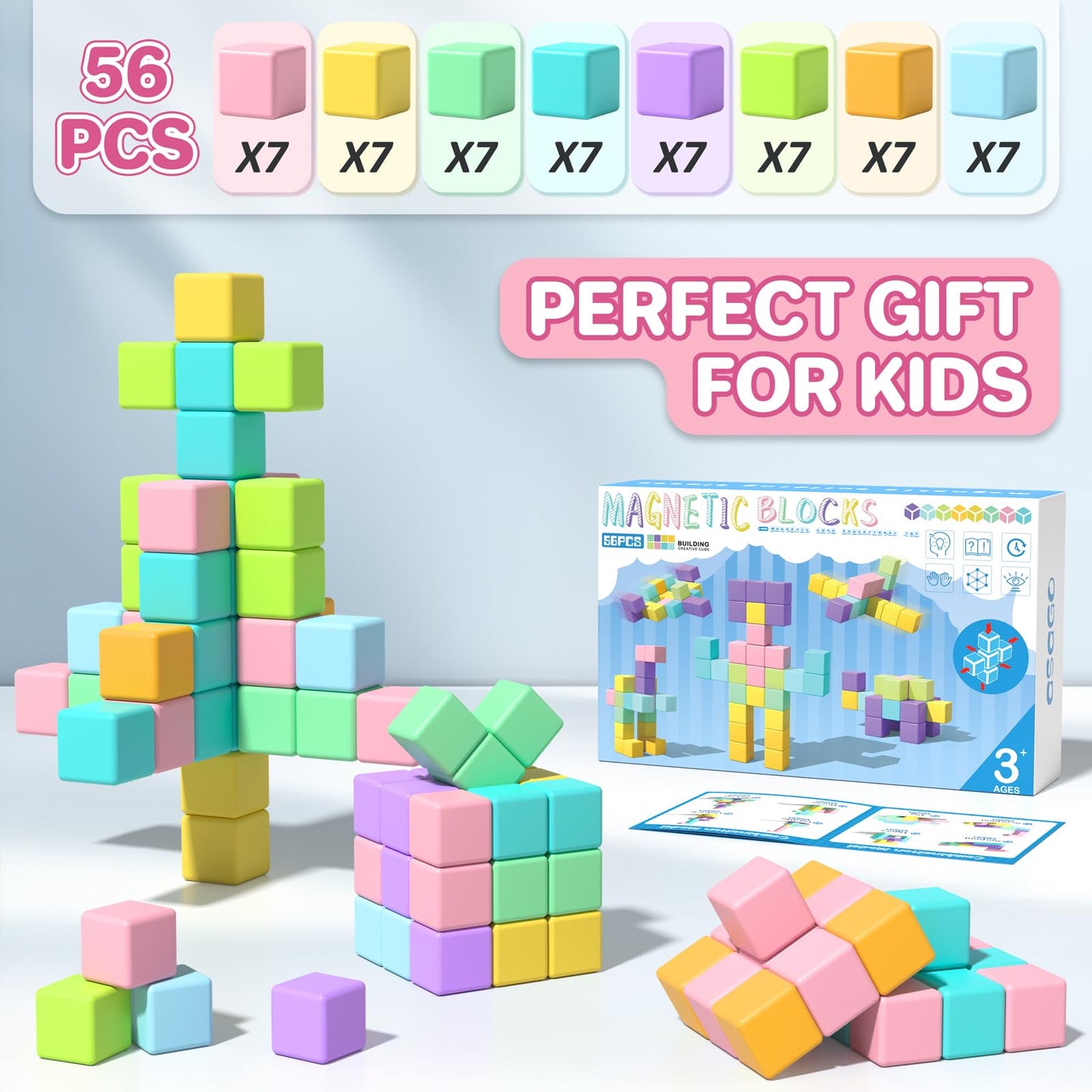 Asago Magnetic Blocks for Toddlers 1-3, 56PCS 1.34in Large Macaron Magnet Building Cubes for Kids, Stem Preschool Stack Construction Educational Toys for 3-5 Years Old Boys Girls