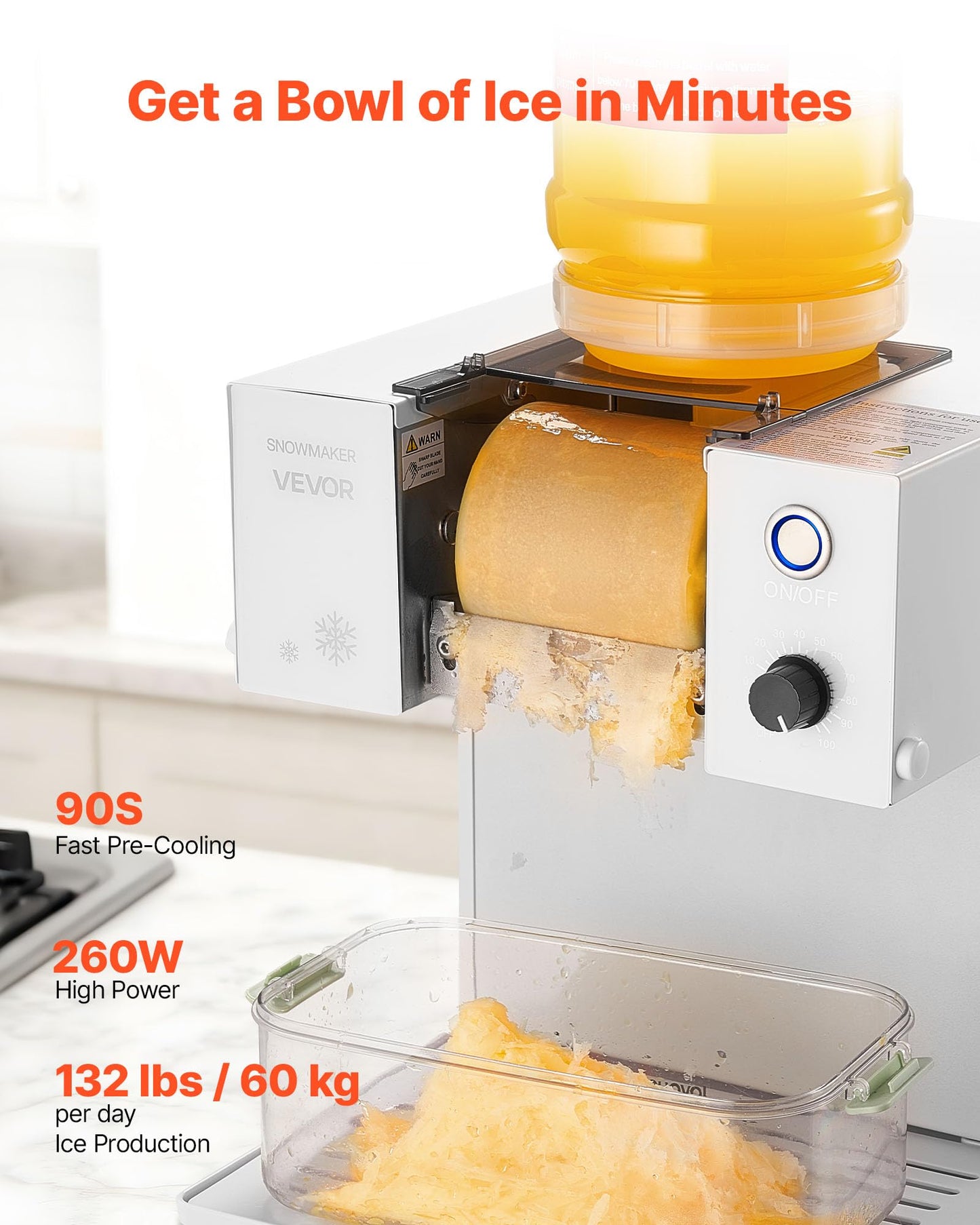 VEVOR Snowflake Ice Machine, 132LBS/24H Snowflake Ice Maker, Ice-Shaver Machine with Stainless Steel Blade, Electric Snow Cone Maker with 0.48Gal Tank, 90S Fast Pre-Cooling, for Home & Small Gathering