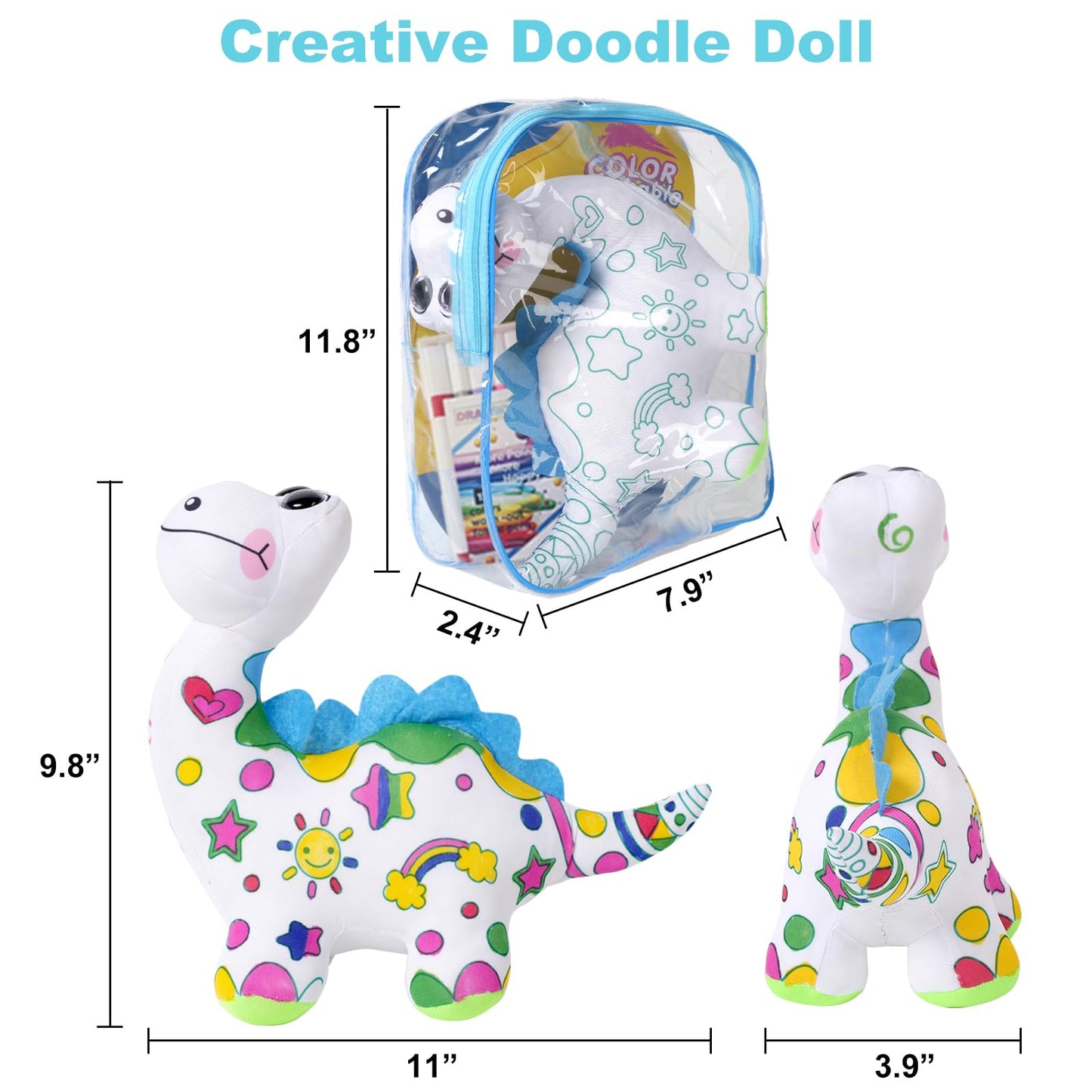 DRAWMYTOY DIY Coloring Plush Toy with Washable Markers, Scribble Pets Stuffed Animal, Doodle Dolls Art Toy for Boys and Girls Ages 3-8, Birthday Gift (Dinosaur)