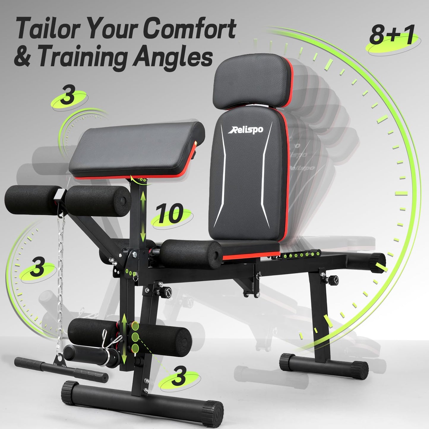 Relispo Upgraded Adjustable Weight Bench with Leg Extension and Leg Curl, 9 Back Positions & Foldable, 1200LB Workout Bench for Home Gym, Flat Decline Incline Bench for Full-Body Strength Training & Big Guys