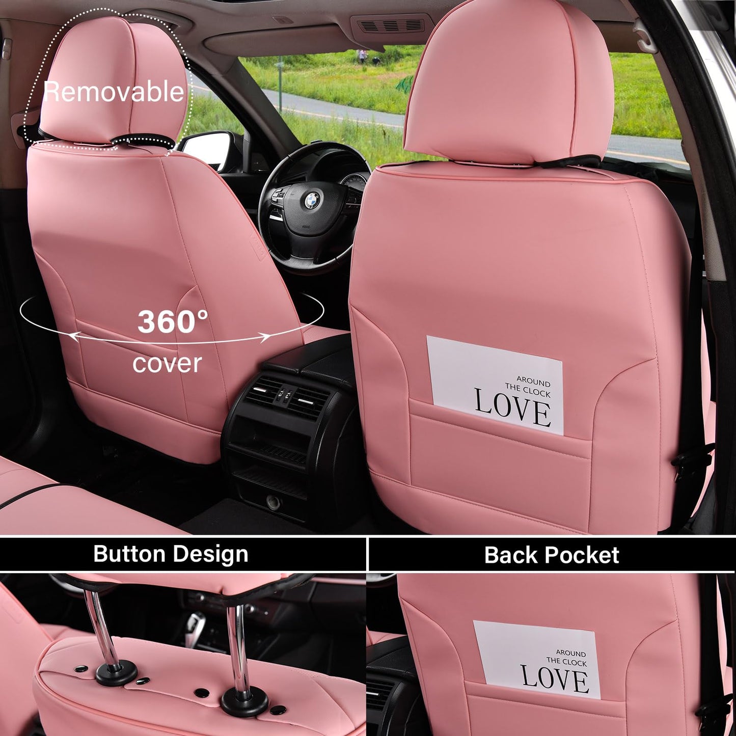 Coverado Seat Covers, Car Seat Covers Front Seats, Car Seat Cover, Car Seat Protector Waterproof, Car Seat Cushion Nappa Leather, Pink Seat Covers Carseat Cover Universal Fit for Most Cars