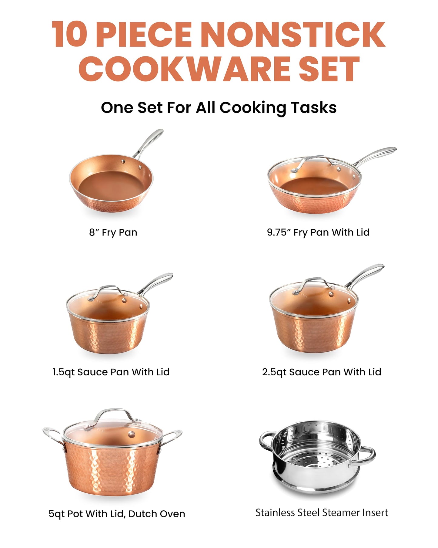 Gotham Steel Pots and Pans Set Nonstick Cookware Set – Premium Ceramic Cookware Set with 3x Coated Nonstick Surface + Induction Plate for Even Heating, Oven/Dishwasher Safe, 10 Piece - Hammered Copper
