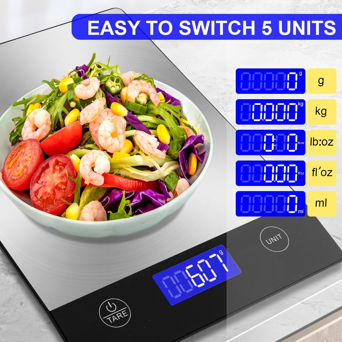 Ionsno Rechargeable Food Scale, 22lb Digital Kitchen Scale for Food in Gram and Ounce, 0.1oz/1g Precise, 304 Stainless Steel, Perfect for Meal Prep, Cooking, and Baking, Batteries and Charging Cable