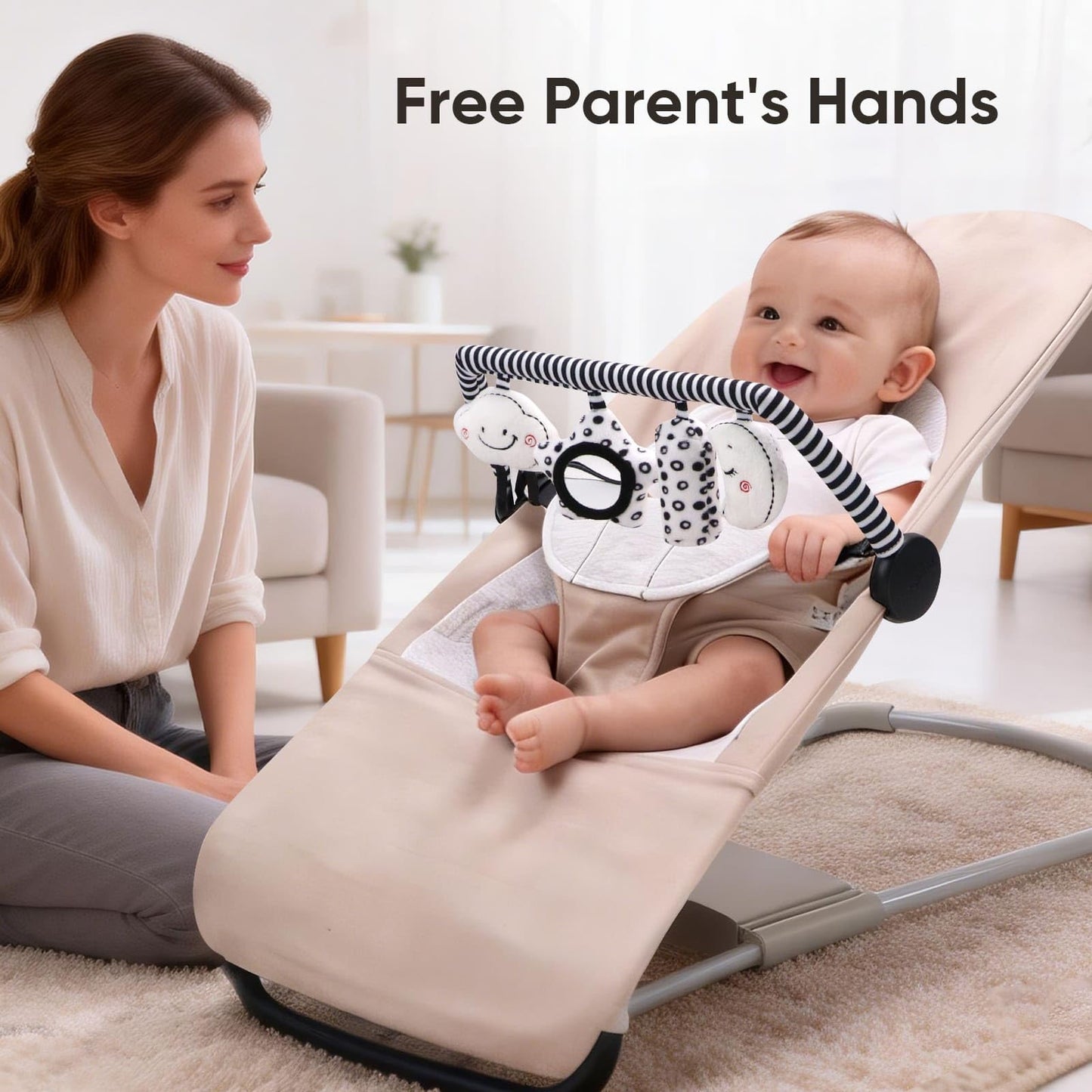 TinlyFinly Baby Bouncer Toy Bar Soft with 4 Hanging Sensory Toys Attachment, Compatible with Baby Bjorn Bouncer, with Mirror, Rattle, Crinkle Sound for Babies All Ages (Black and White Shapes)