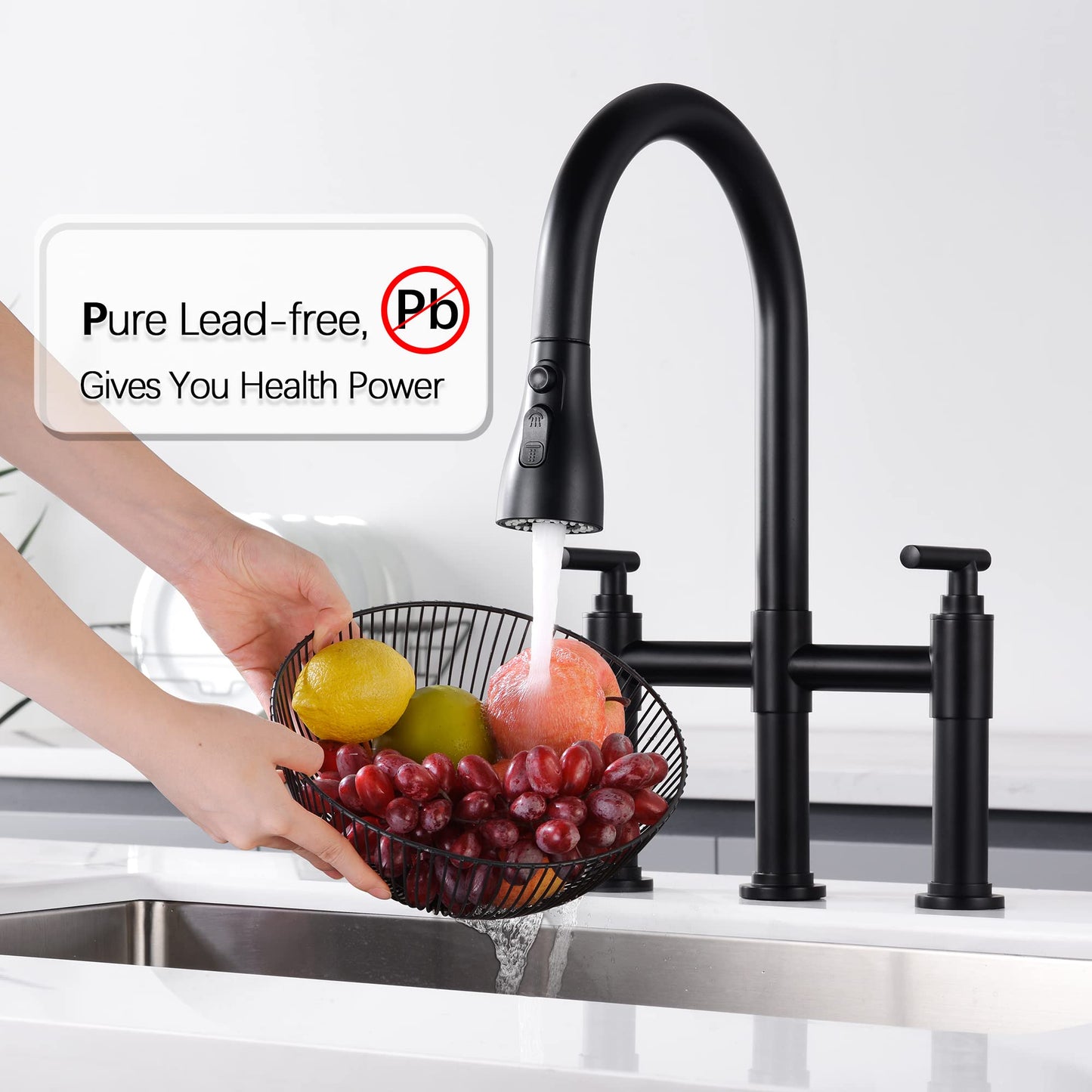 ARRISEA Bridge Kitchen Faucet with 3 Mode Pull-Down Sprayer 2 Handle 8 Inch Faucet for Kitchen Sinks 3 Hole Kitchen Sink Faucet, Fingerprint Resistant Spot Free Matte Black