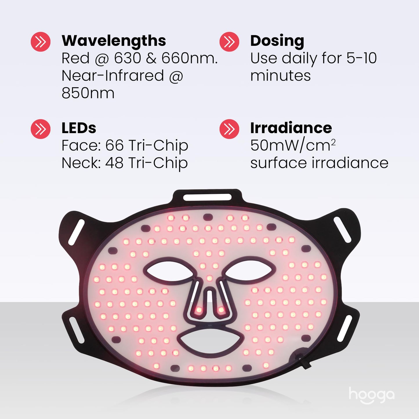 Hooga Red Light Therapy Mask – LED Face & Neck Light Therapy Mask Set, 630nm 660nm Red & 850nm Near Infrared, Tri Chip LEDs, Rechargeable, Adjustable Comfortable Fit