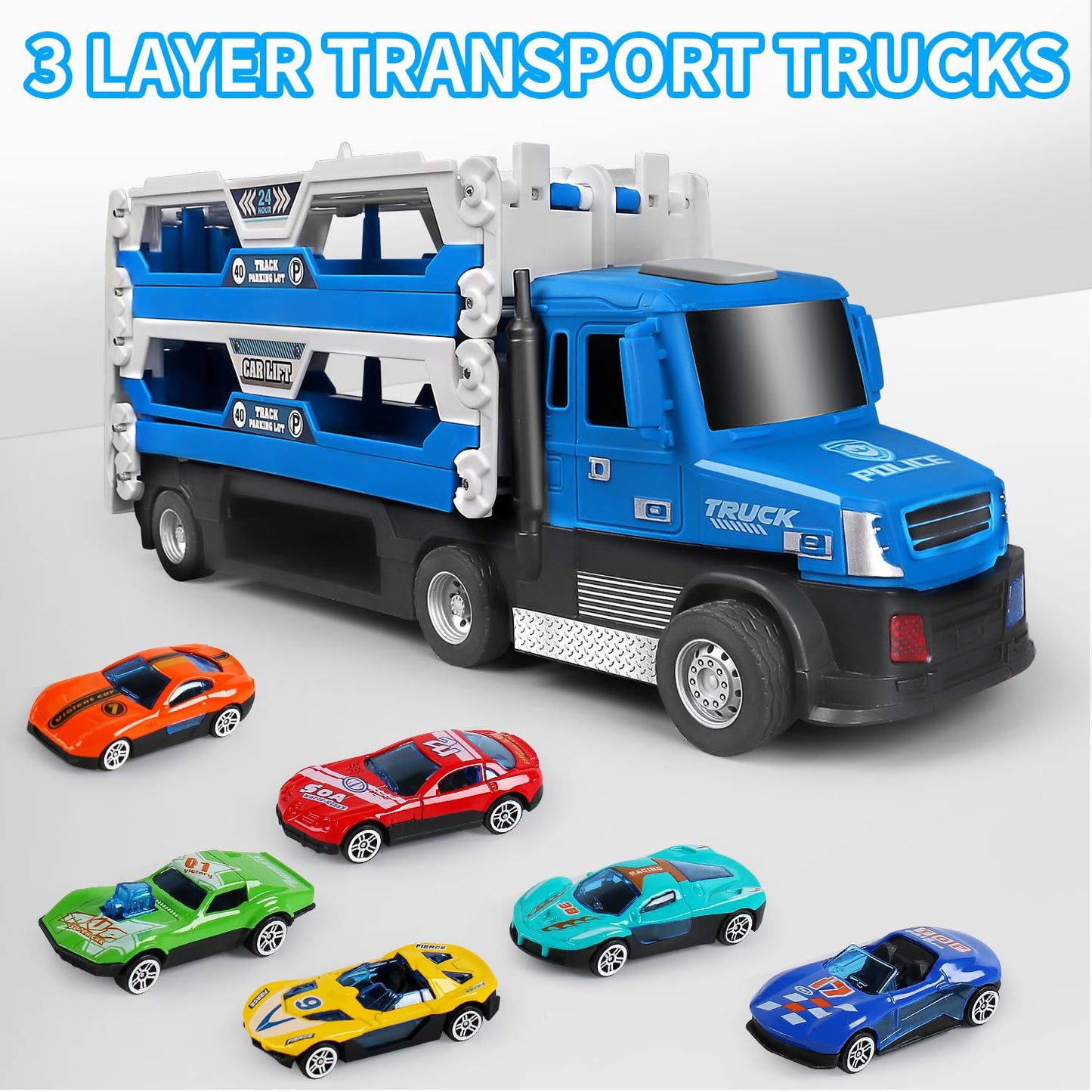 DOWELLIN 6 in 1 Transport Truck Toys for Kids, Police Trucks Carrier Cars with 6Pcs Metal Race Car with Light&Sounds, Toddler Vehicles Toys Gifts for Boys Girls Age 3 4 5 6 7 8-Blue