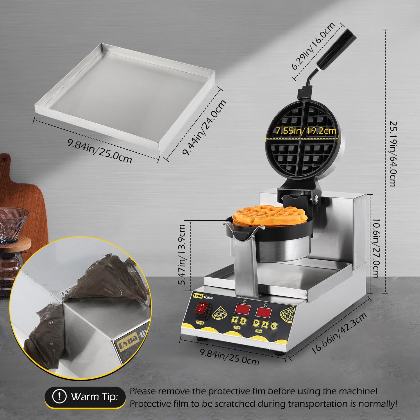 Dyna-Living Belgian Waffle Maker 180° Rotating Commercial Waffle Maker Intelligent Commercial Waffle Iron for Restaurant, 1200W Professional Waffles Machine for Home Use