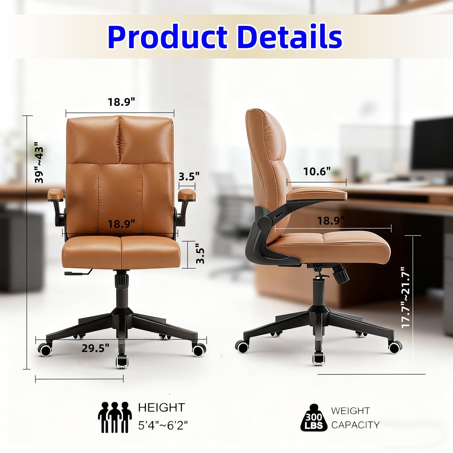balmstar Leather Office Chair Computer Desk Chair, 360° Swivel Rolling Wheels, Adjustable Tilt Angle 90°-135° with Lumbar Support Executive Chair for Home Office, Working with 450LBS Capacity(Brown)